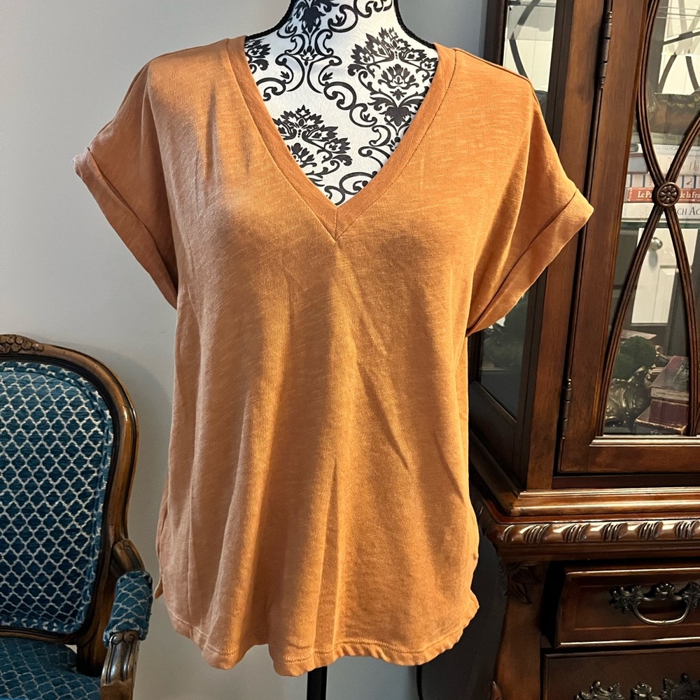 Loft lightweight v-neck sweater in burnt orange.
